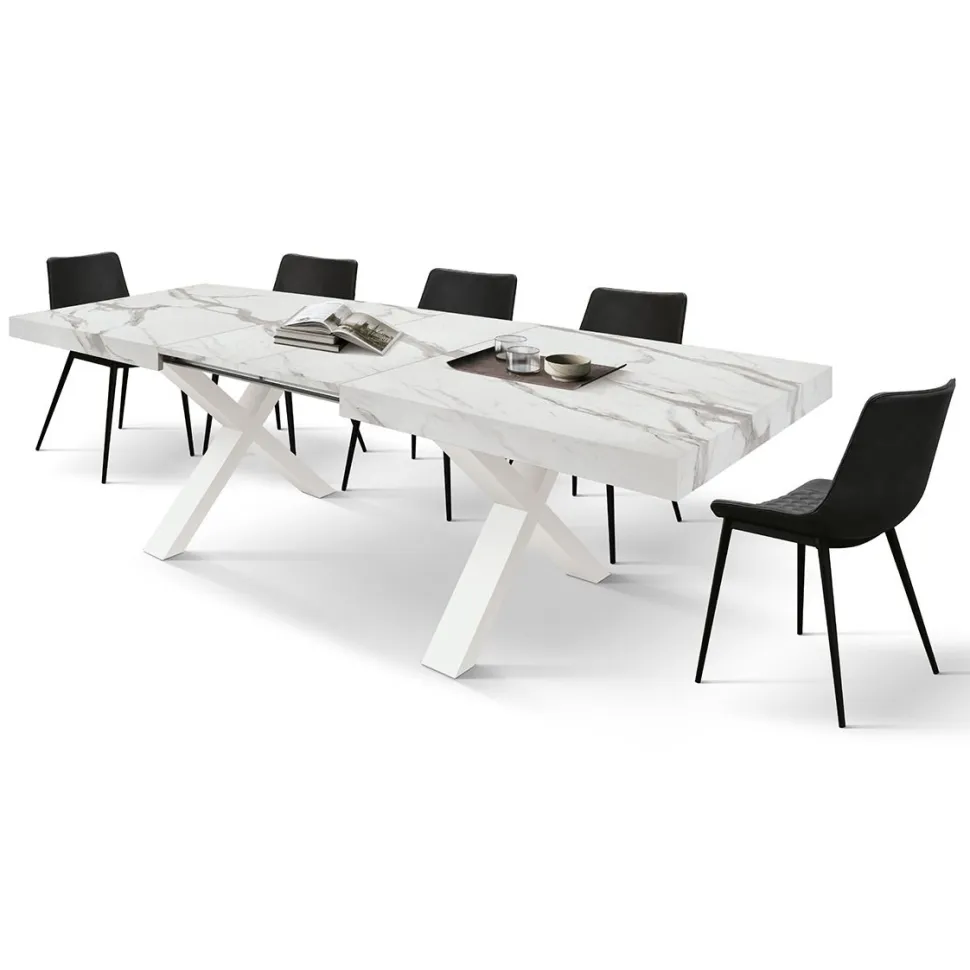 Tavolo rettangolare allungabile con base a X in MDF e piano Nobilitato Marmo Bianco Statuario