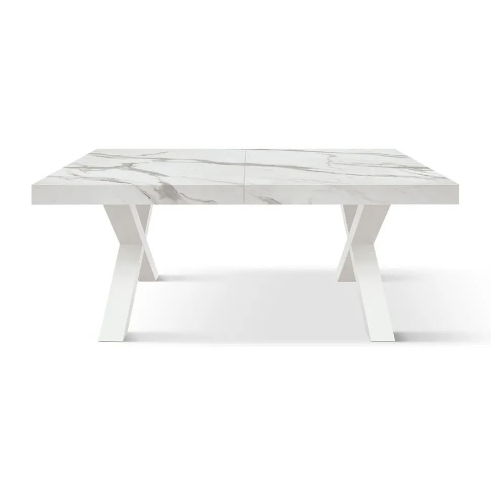 Tavolo rettangolare allungabile con base a X in MDF e piano Nobilitato Marmo Bianco Statuario