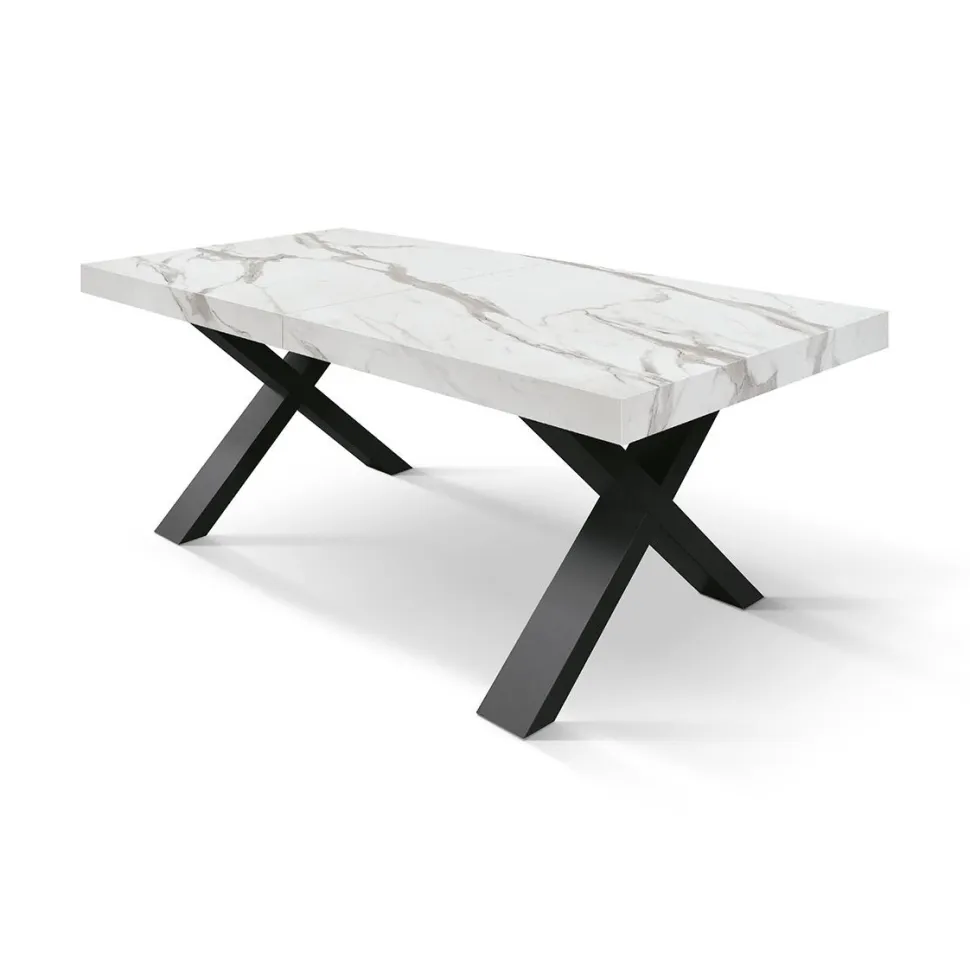 Tavolo rettangolare allungabile con base a X in MDF e piano Nobilitato Marmo Bianco Statuario