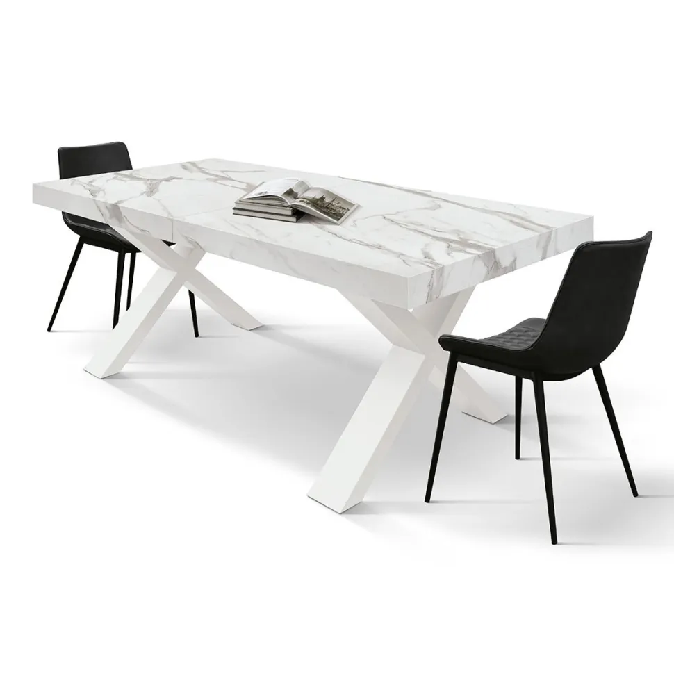 Tavolo rettangolare allungabile con base a X in MDF e piano Nobilitato Marmo Bianco Statuario