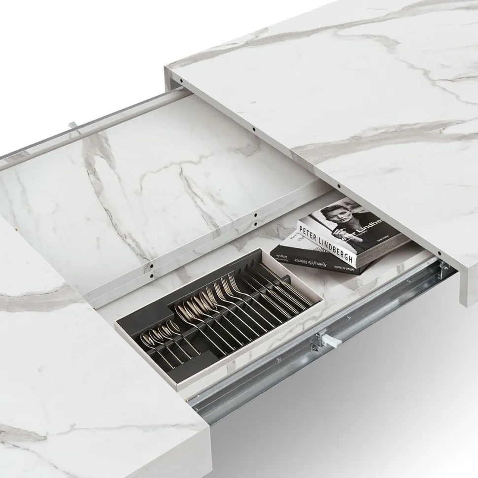 Tavolo rettangolare allungabile con base a X in MDF e piano Nobilitato Marmo Bianco Statuario
