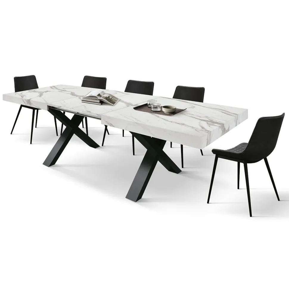 Tavolo rettangolare allungabile con base a X in MDF e piano Nobilitato Marmo Bianco Statuario