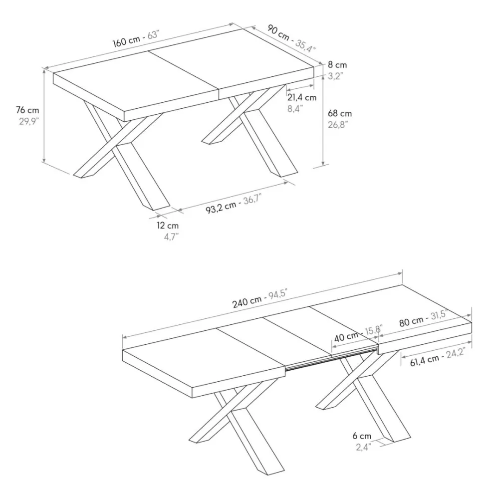 Tavolo rettangolare allungabile con base a X in MDF e piano Nobilitato Marmo Bianco Statuario