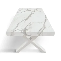 Tavolo rettangolare allungabile con base a X in MDF e piano Nobilitato Marmo Bianco Statuario