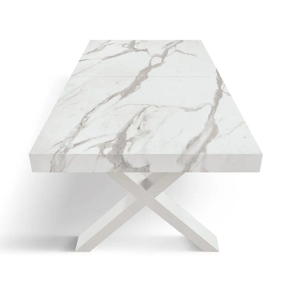 Tavolo rettangolare allungabile con base a X in MDF e piano Nobilitato Marmo Bianco Statuario