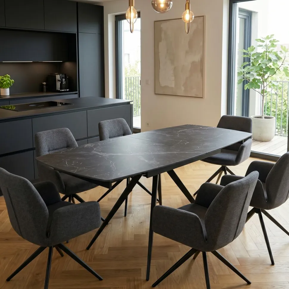 Tavolo Rotante Allungabile con base metallo Nero e piano Ceramica Marmo Nero Opaco modello Titan
