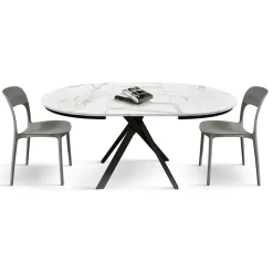 Tavolo rotondo allungabile con base in metallo Nero e Piano Nobilitato Marmo Bianco Statuario