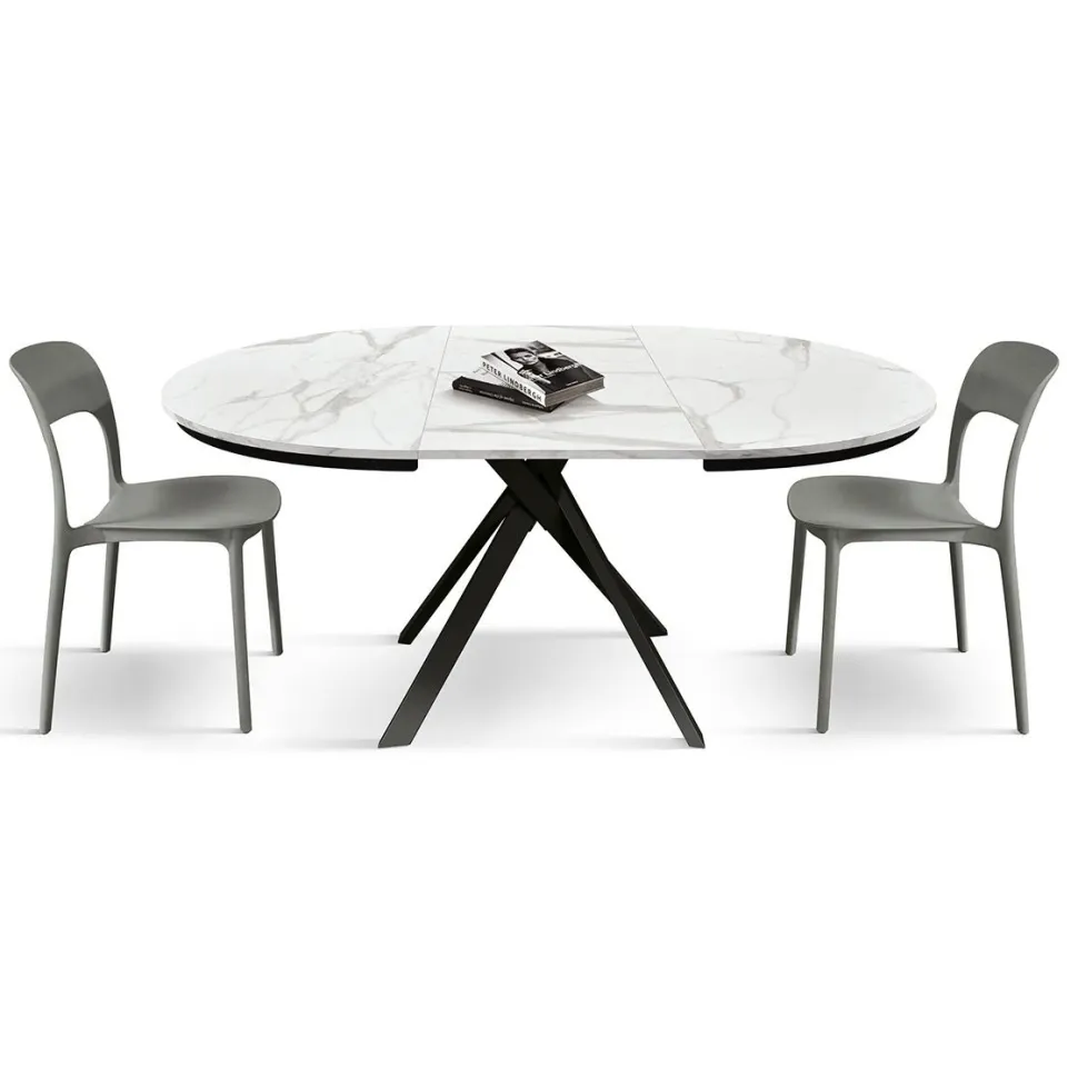 Tavolo rotondo allungabile con base in metallo Nero e Piano Nobilitato Marmo Bianco Statuario