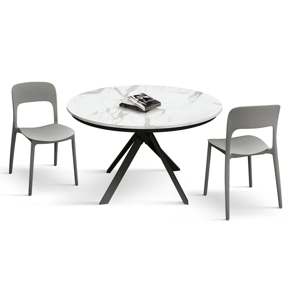 Tavolo rotondo allungabile con base in metallo Nero e Piano Nobilitato Marmo Bianco Statuario