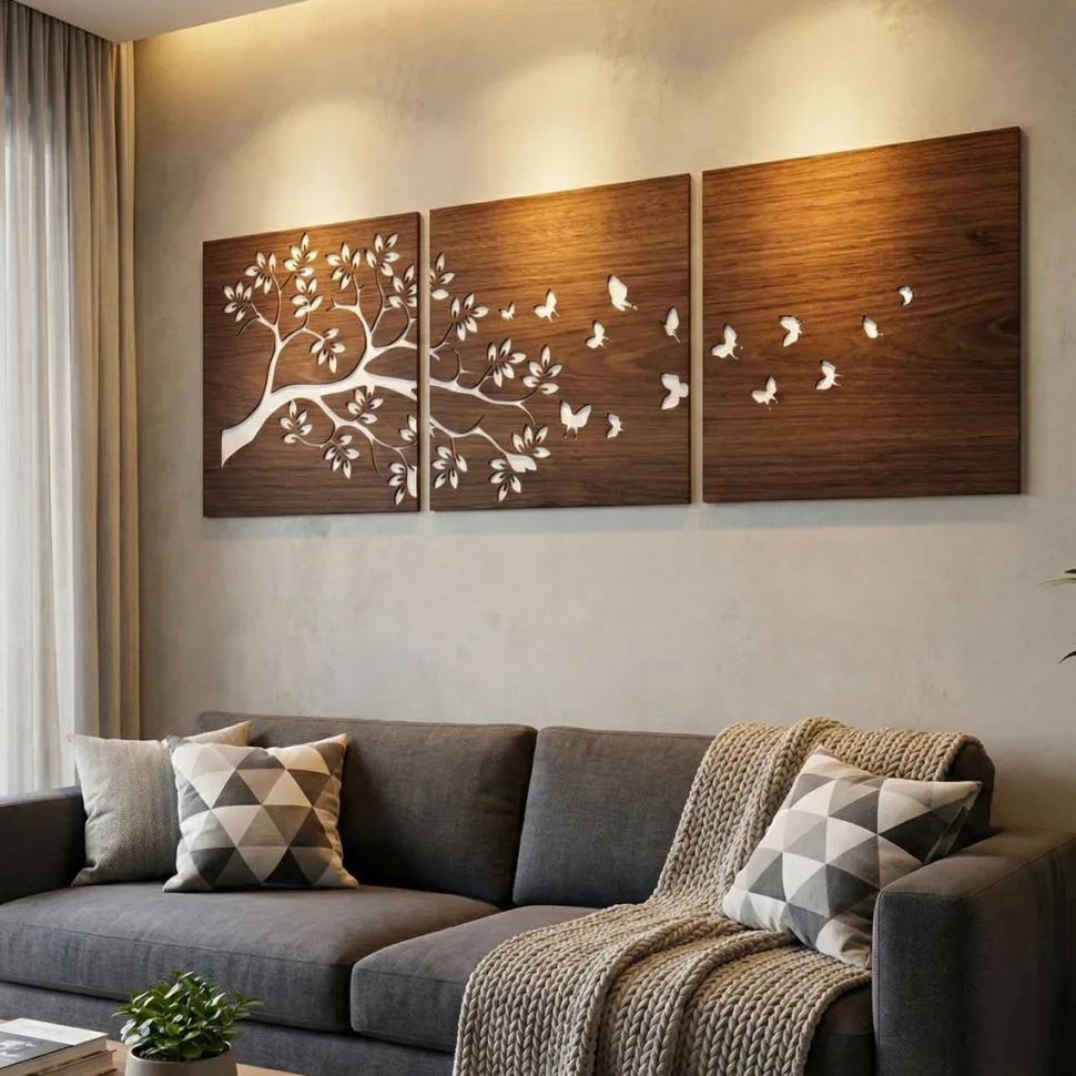 Trittico a doppio pannello floreale, legno scuro