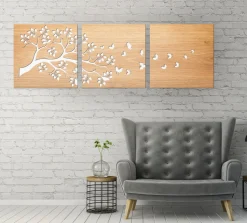 Trittico a doppio pannello floreale, legno chiaro