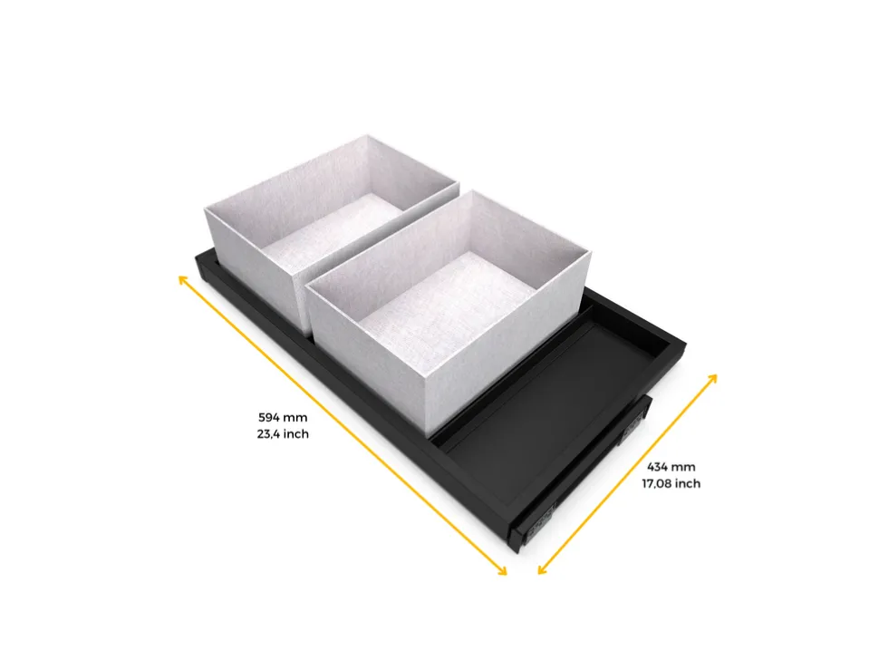 Vassoio estraibile regolabile con chiusura soft per armadi disponibile in 2 colori e 3 misure