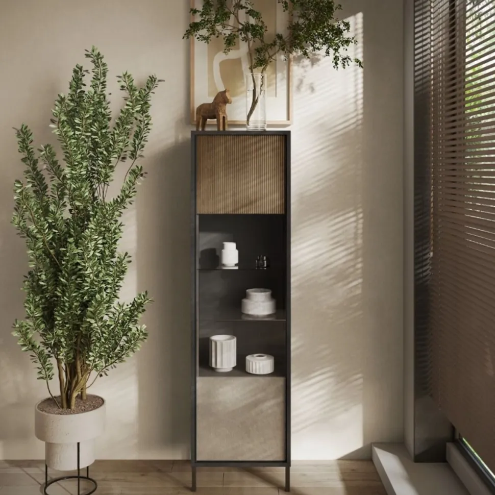 Vetrina 1 anta con serigrafia linea Sierra finitura Lava, Argilla e Rovere Mercure