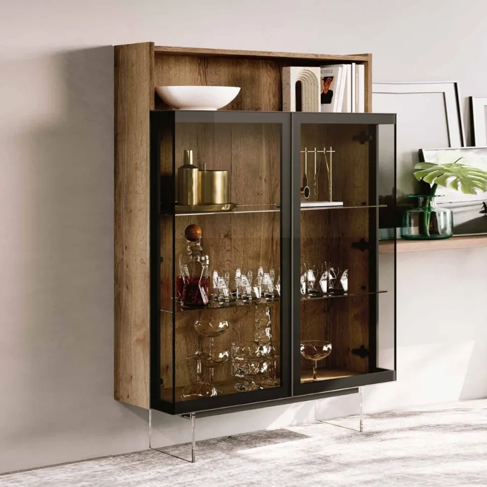 Vetrina con piedini e 2 ante in vetro fumè disponibile in vari colori
