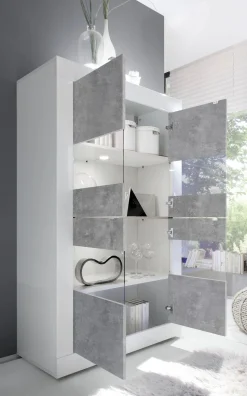 Vetrina linea Basic con 4 ante Laccata Bianco Lucido e Beton
