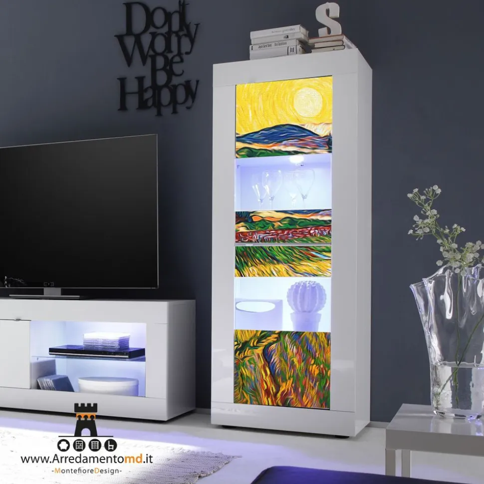 Vetrina piccola Linea Basic con 2 ante colore bianco lucido con serigrafia Vincent van Gogh