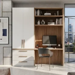 Zona studio moderna con armadio 2 ante, scrivania e mensole in Bianco Opaco, Noce Biondo e Grigio Seta disponibile in 2 misure