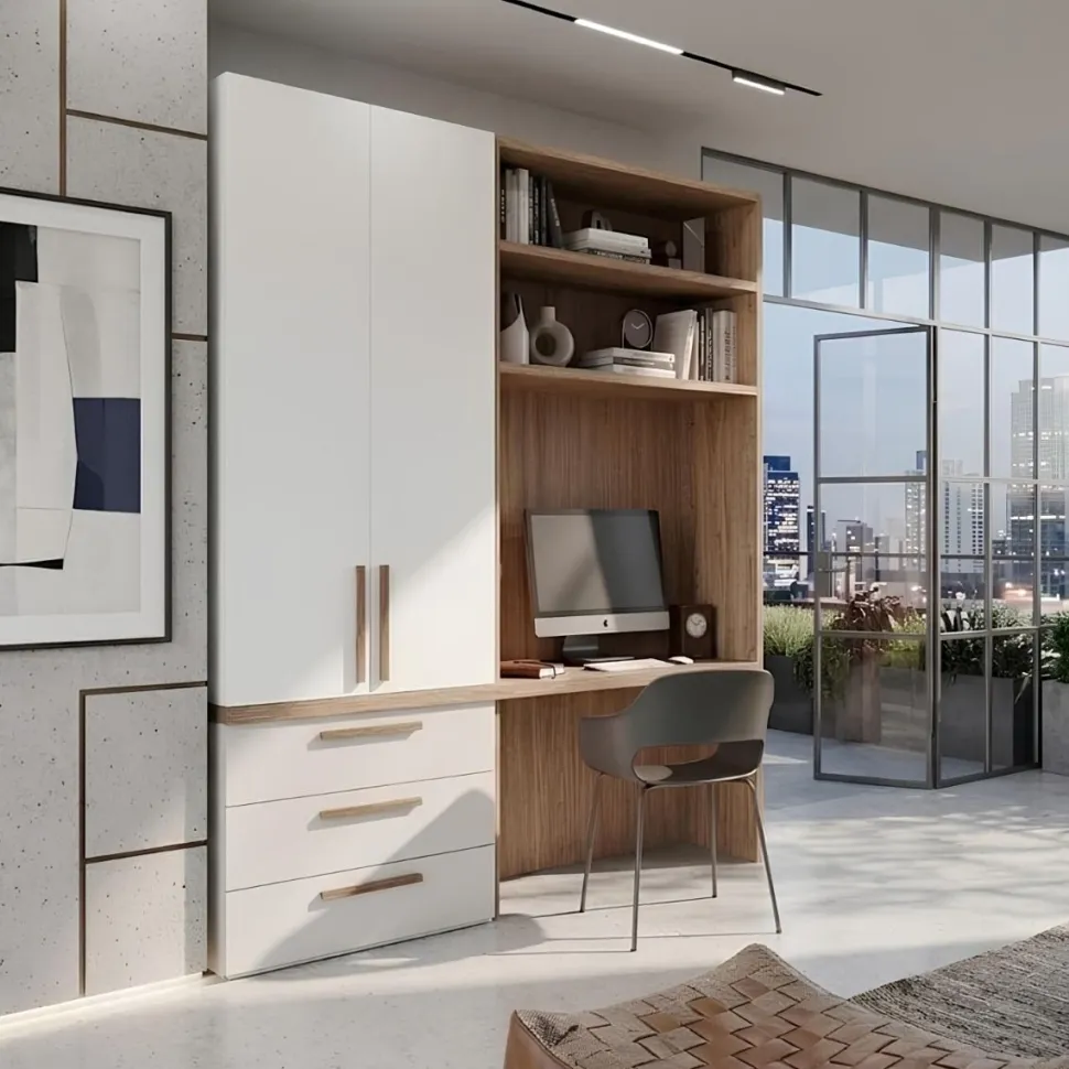 Zona studio moderna con armadio 2 ante, scrivania e mensole in Bianco Opaco, Noce Biondo e Grigio Seta disponibile in 2 misure