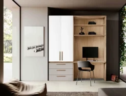 Zona studio moderna con armadio 2 ante, scrivania e mensole in Bianco Opaco, Noce Biondo e Grigio Seta disponibile in 2 misure