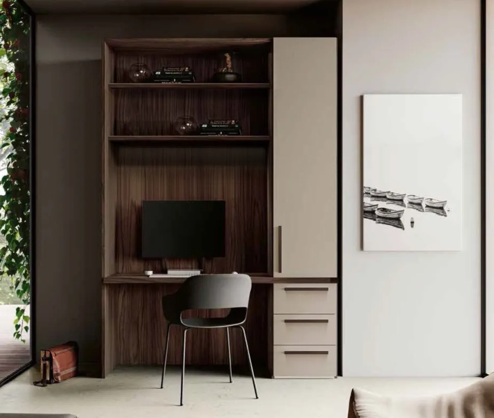 Zona studio moderna con armadio integrato in Noce Moro e Visone disponibile in 2 misure