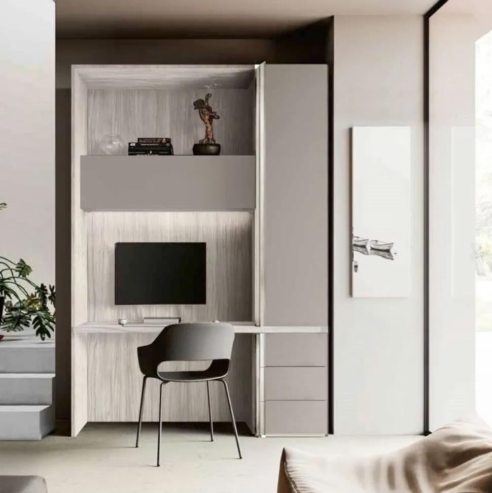 Zona studio moderna con armadio,scrivania e pensile in Bianco altea e Grigio seta disponibile in 2 misure