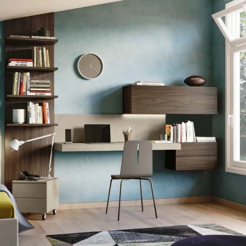 Zona studio moderna con scrivania sospesa finitura Argilla e Noce moro disponibile in vari colori