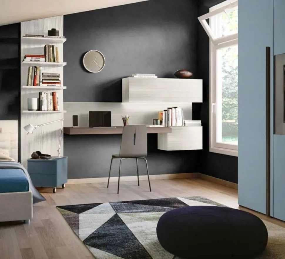 Zona studio moderna con scrivania sospesa finitura Argilla e Noce moro disponibile in vari colori