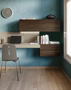 Zona studio moderna con scrivania sospesa finitura Argilla e Noce moro disponibile in vari colori
